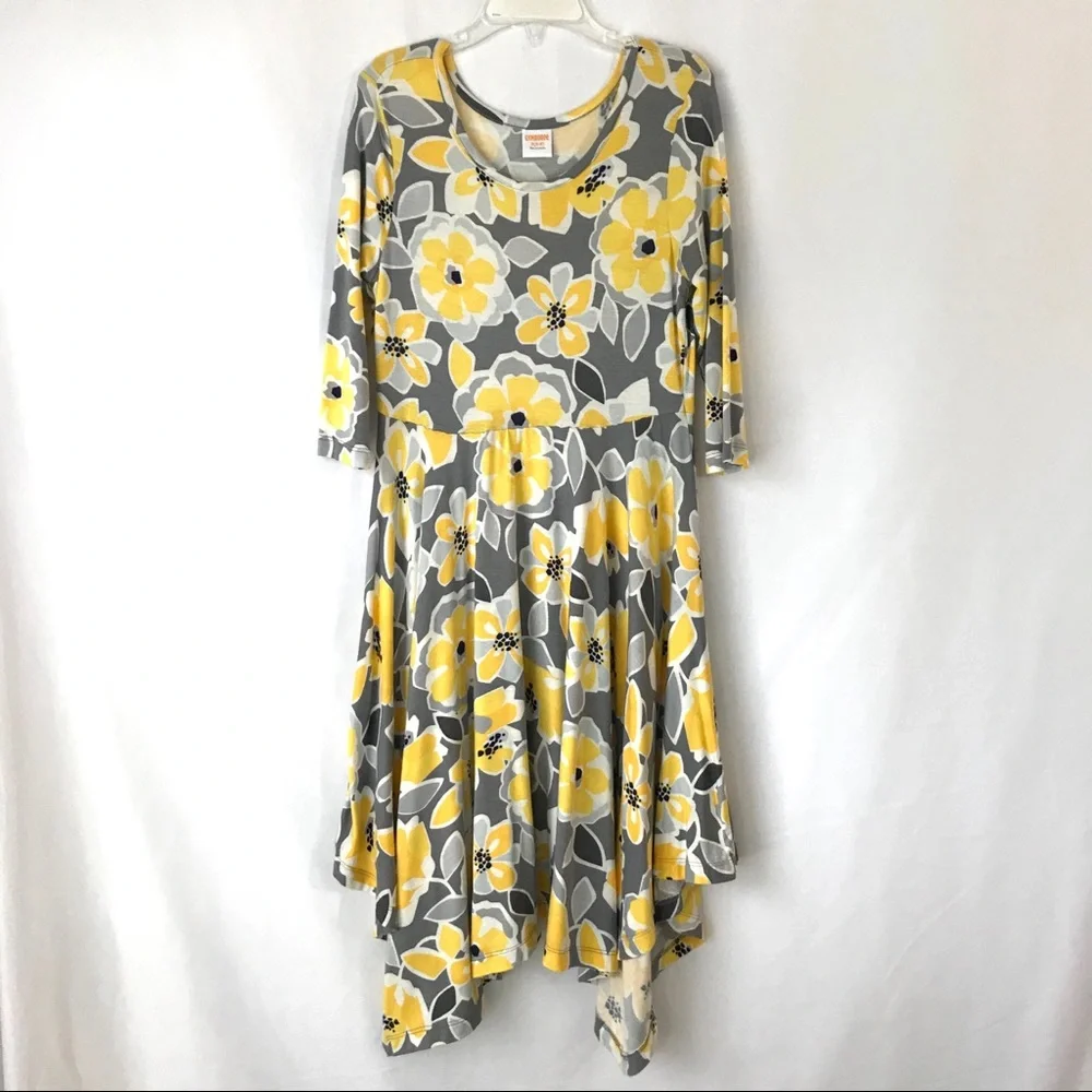 GYMBOREE Maxi Dress Size 6 A-Symmetrical Yellow Gray Floral 3/4 Sleeve